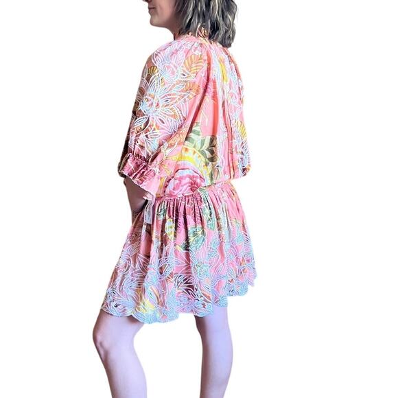 Juliet Dunn Pink Floral Cotton Dropwaist Blouson Puff Sleeve Dress US 2 4 - Picture 3 of 6